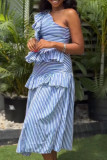 Light Blue Casual Striped Print Patchwork Oblique Collar Sleeveless Dresses