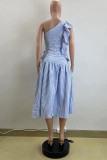 Light Blue Casual Striped Print Patchwork Oblique Collar Sleeveless Dresses