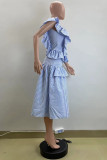Light Blue Casual Striped Print Patchwork Oblique Collar Sleeveless Dresses