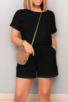 Black Casual Solid Color Draw String Pocket Patchwork O Neck Loose Rompers