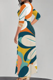 Multicolor Elegant Geometric Print Lace Up Contrast V Neck Printed Dresses