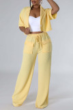 Green Casual Solid Color Pocket Buckle Patchwork Turndown Collar Short Sleeve Two Pieces
