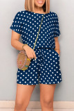 Blue Casual Print Polka Dot Draw String Contrast O Neck Loose Rompers