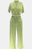 Green Casual Solid Color Pocket Buckle Patchwork Turndown Collar Short Sleeve Two Pieces