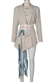 Apricot Street Solid Color Patchwork Strap Design Turn-back Collar Long Sleeve Two Pieces