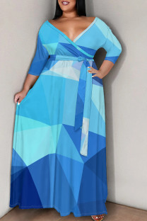 Blue Elegant Print Patchwork Strap Design V Neck Long Plus Size Dresses