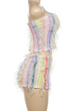 Colour Sexy Fringed Trim Hollow Out Patchwork Strapless Sleeveless Two Pieces