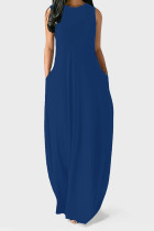 Tibetan Blue Casual Solid Color Pocket O Neck Vest Dresses