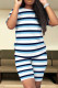 Tibetan Blue Casual Stripe Patchwork O Neck Short Sleeve Two Pieces