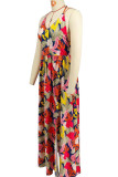 Red Elegant Print Hollow Out Patchwork Backless Strap Design Halter Long Dresses