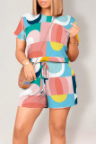 Black Casual Geometric Print Letter Print Pocket Contrast O Neck Loose Rompers