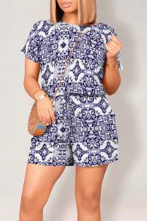 Purple Casual Street National Totem Print Draw String Pocket O Neck Loose Rompers