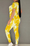 Fluorescent Yellow Casual Print Patchwork O Neck Short Sleeve Two Pieces