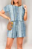 White Purple Casual Street Geometric Print Draw String Pocket Contrast O Neck Loose Rompers