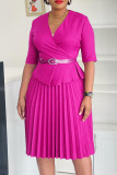 Red Elegant Solid Color Patchwork Ruched With Belt V Neck Long Dresses