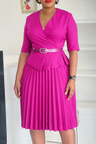 Rose Red Elegant Solid Color Patchwork Ruched With Belt V Neck Long Dresses