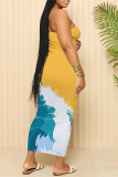 Yellow Purple Sexy Gradient Print Contrast Printed Dresses
