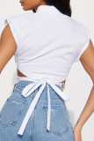 White Street Solid Color Hollow Out Buckle Patchwork Turndown Collar T-Shirts