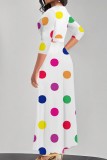 Red Casual Polka Dot Print Patchwork Belted V Neck Long Dresses