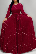 Burgundy Elegant Polka Dot Patchwork Strap Design O Neck Long Dresses