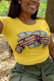 Yellow Casual Street Graffiti Print O Neck T-Shirts
