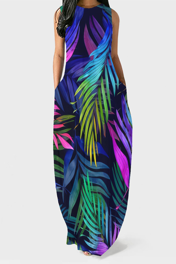 Blue Purple Casual Street Floral Print Pocket O Neck Vest Dresses