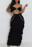 Pink Celebrities Hollow Out Patchwork Backless Ruffled Trim Spaghetti Strap Sleeveless Two Pieces
