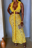 Yellow Sexy Solid Color Lace Hollow Out Patchwork Strap Design Deep V Neck Sleeveless Two Pieces