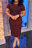 Coffee Elegant Solid Color Patchwork O Neck Wrapped Skirt Plus Size Dresses