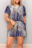 White Purple Casual Street Geometric Print Draw String Pocket Contrast O Neck Loose Rompers