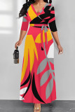 Red Elegant Print Patchwork Strap Design V Neck Long Dresses
