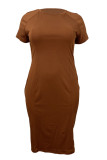 Coffee Elegant Solid Color Patchwork O Neck Wrapped Skirt Plus Size Dresses