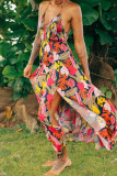 Red Elegant Print Hollow Out Patchwork Backless Strap Design Halter Long Dresses