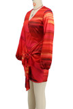 Red Sexy Print Patchwork Strap Design V Neck Wrapped Skirt Dresses