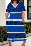 Blue Street Print Pocket Patchwork V Neck Straight Plus Size Dresses