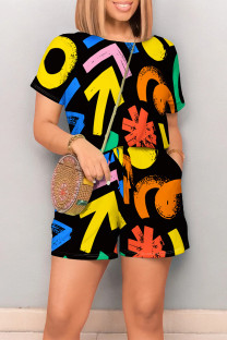 Black Casual Geometric Print Letter Print Pocket Contrast O Neck Loose Rompers