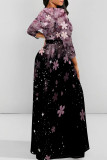 Deep Blue Elegant Print Patchwork Strap Design O Neck Long Dresses