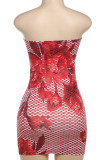 Red Sexy Print Hollow Out Patchwork Backless Strapless Sheath Dresses