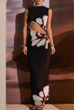 Black Celebrities Print Hollow Out Patchwork O Neck Long Dresses