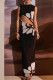 Black Celebrities Print Hollow Out Patchwork O Neck Long Dresses