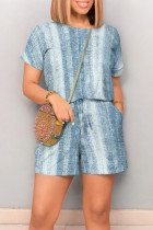Light Blue Casual Street Geometric Print Draw String Pocket Contrast O Neck Loose Rompers