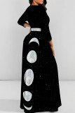 Deep Blue Elegant Print Patchwork Strap Design O Neck Long Dresses