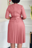 Red Elegant Solid Color Patchwork Ruched With Belt V Neck Long Dresses