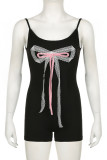 Black Sexy Print Patchwork Backless Bow Decor Spaghetti Strap Skinny Rompers