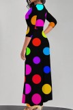 Red Casual Polka Dot Print Patchwork Belted V Neck Long Dresses