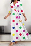 Red Casual Polka Dot Print Patchwork Belted V Neck Long Dresses