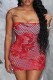 Red Sexy Print Hollow Out Patchwork Backless Strapless Sheath Dresses