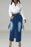 Blue Street Pocket Buttons Patchwork High Slit Zipper Straight Plus Size 