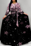 Deep Blue Elegant Print Patchwork Strap Design O Neck Long Dresses