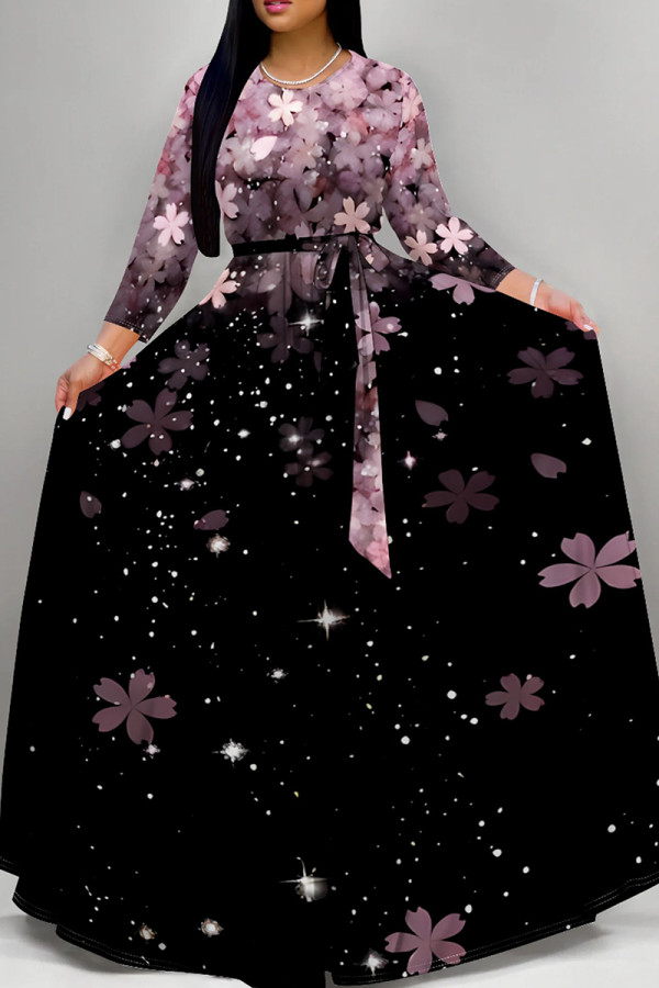 Gray Purple Elegant Print Patchwork Strap Design O Neck Long Dresses
